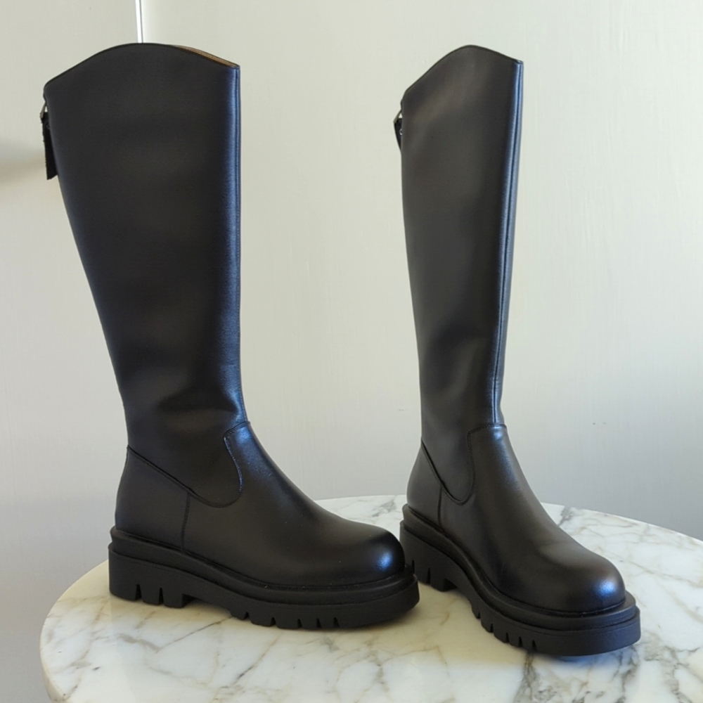 Black Knee High Leather Boots Chunky
